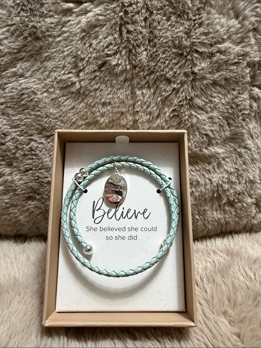 Believe Mint Braided Leather Wrap Bracelet with Inspirational Charm